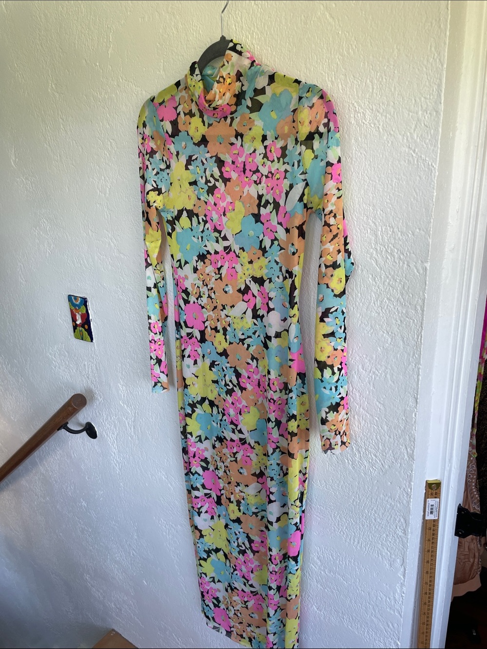 AFRM Floral Mesh Long Sleeve maxi Dress -pink blue yellow Medium - Picture 4 of 6